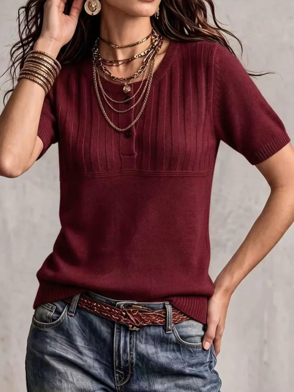 Burgundy Casual Women's Regular Fit Round Neck Short Sleeve Button Knit Top